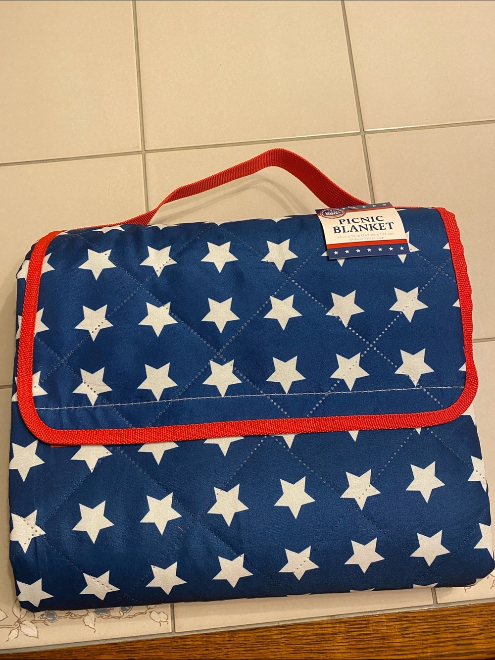 Picnic Blanket - Navy Blue with White Stars / Red Binding